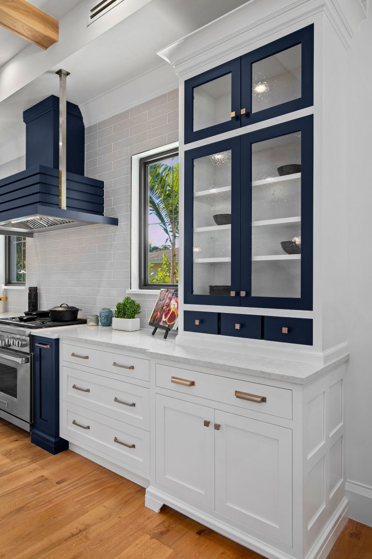 Blue and Brass Inset Kitchen - Crystal Cabinets